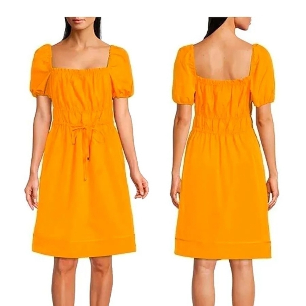 LDT Satin Dress NWOT Yellow Orange Claire Smocked Puffed Sleeve Dress sz 4 - Picture 2 of 5